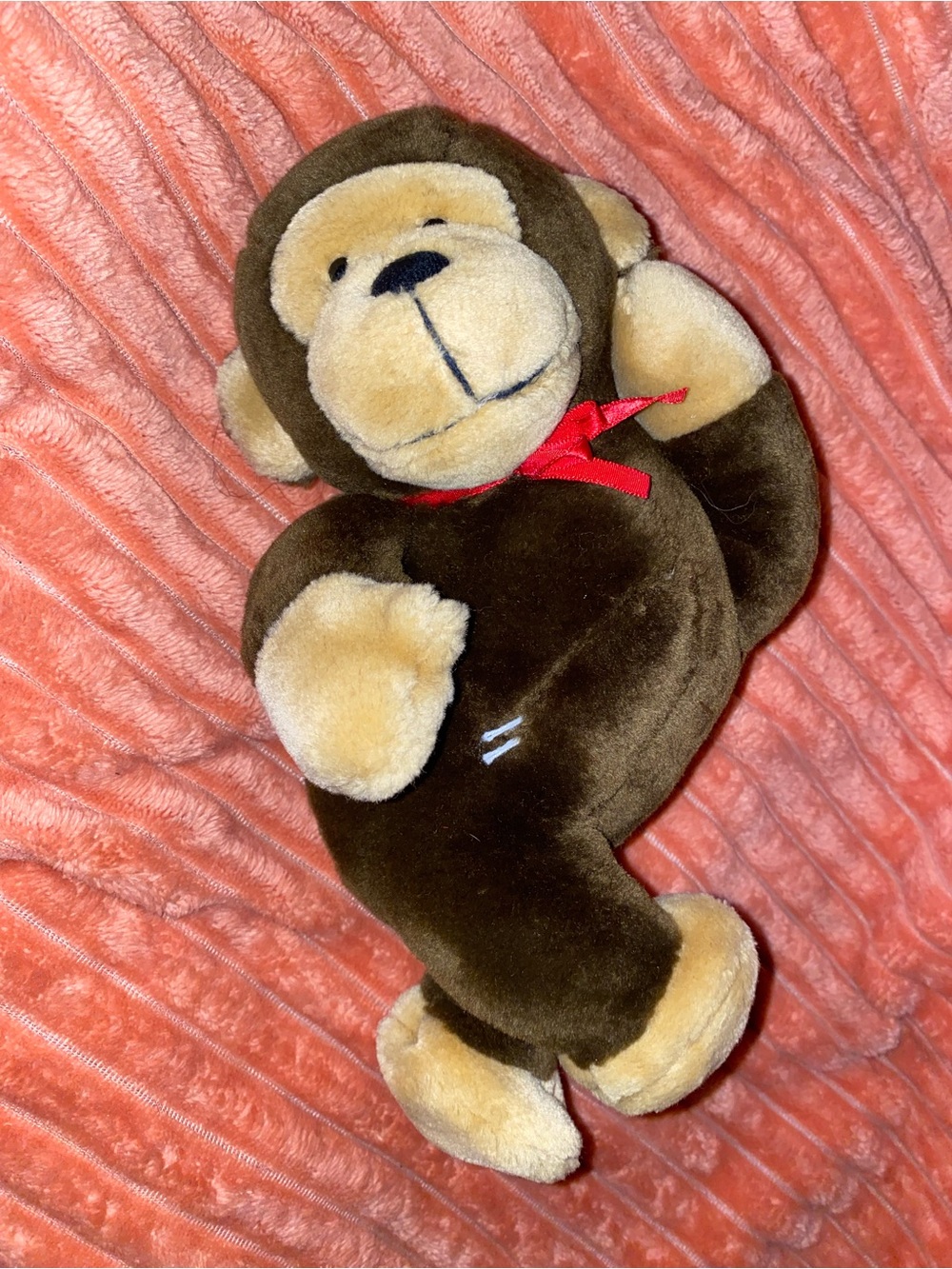 Dankin Vintage 1988 Brown Plush Monkey Stuffed Animal with Red Bow